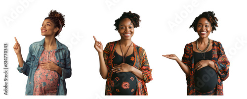a smiling pregnant woman standing, cradling her belly with one hand