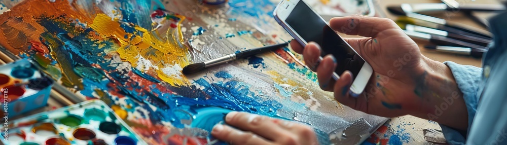 An artist on a smartphone purchasing new art supplies, with a canvas and paint brushes spread out in front An artist on a smartphone purchasing new art supplies, with a canvas and paint brushes spread out in front