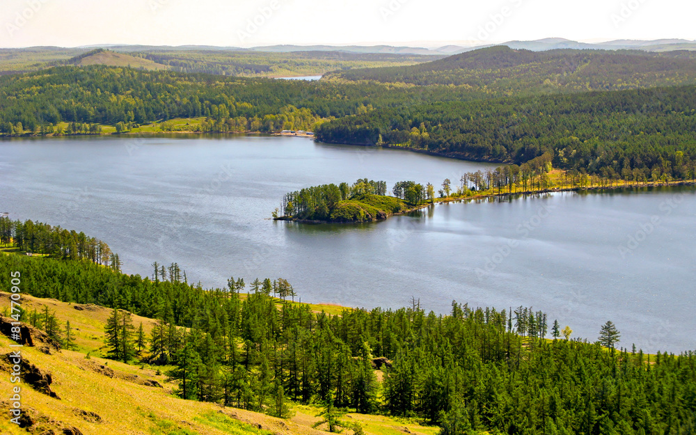 beautiful view of Lake Kalkan in the mountains of the Southern Urals on a summer day