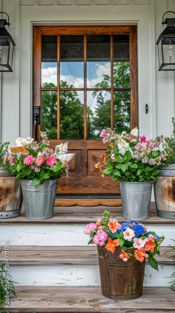 Fototapeta premium Flowers in pots on the porch of an old house with a wooden door