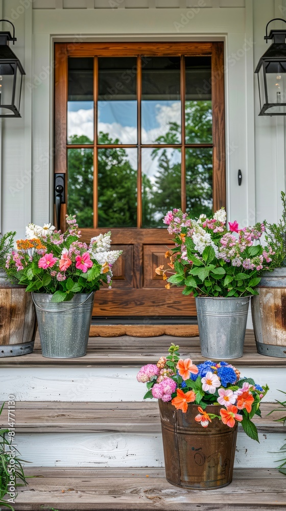 Flowers in pots on the porch of an old house with a wooden door