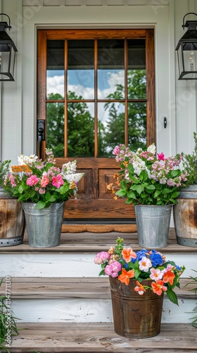 Flowers in pots on the porch of an old house with a wooden door