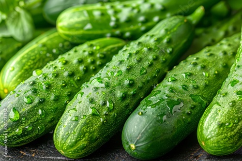 Fresh green cucumbers with water drops on a dark background.