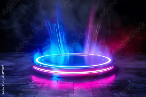 Circle teleport podium with a hologram effect. Abstract high-tech futuristic technology design.