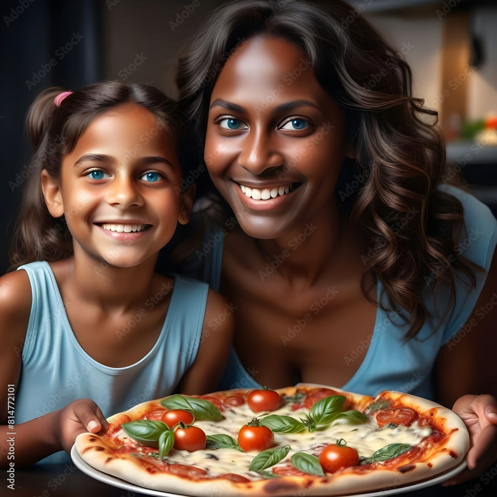 beautiful 37 year old mother with dark skin brown hair blue eyes dark hair, looking at her beautiful 10 year old daughter happy and smiling together beautiful 37 year old mother with dark skin brown hair blue eyes dark hair, looking at her beautiful 10 year old daughter happy and smiling together