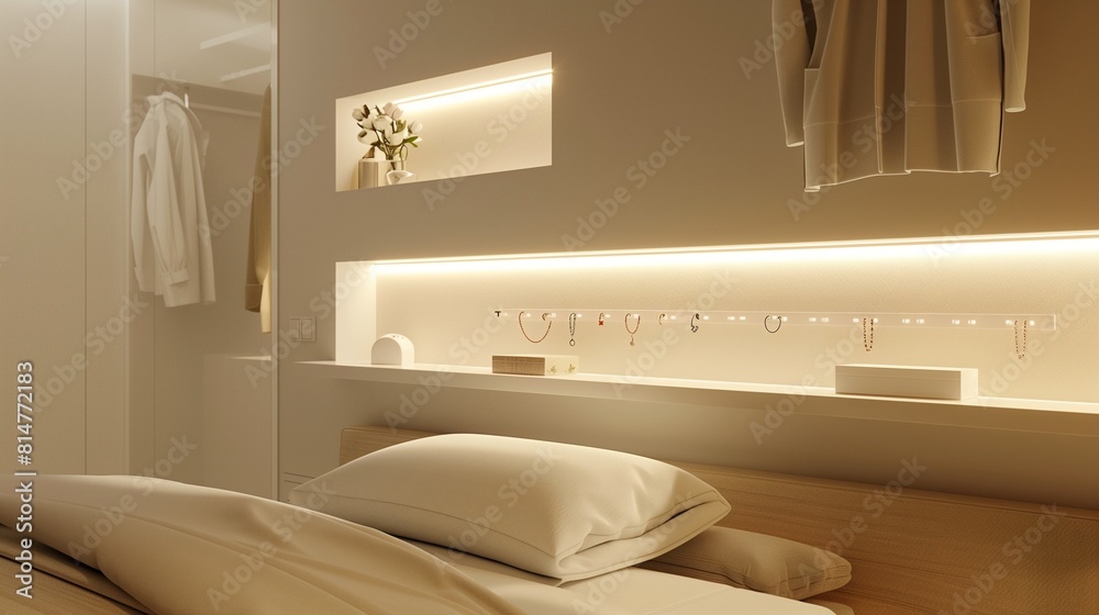 Fototapeta premium A contemporary bedroom with a minimalist, wall-mounted jewelry display and a soft, ambient light