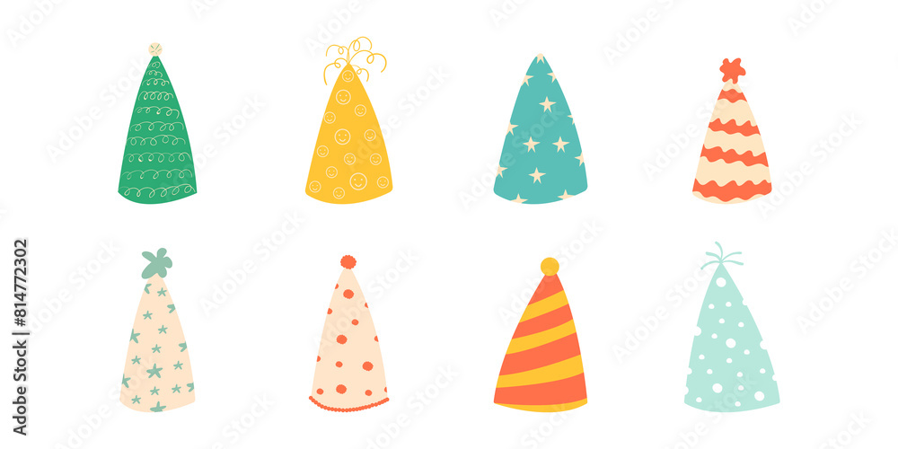 Set of birthday hats. Set of vector illustrations of cute colored hats for greeting cards, stickers, design.Simple birthday hat Set of birthday hats. Set of vector illustrations of cute colored hats for greeting cards, stickers, design.Simple birthday hat