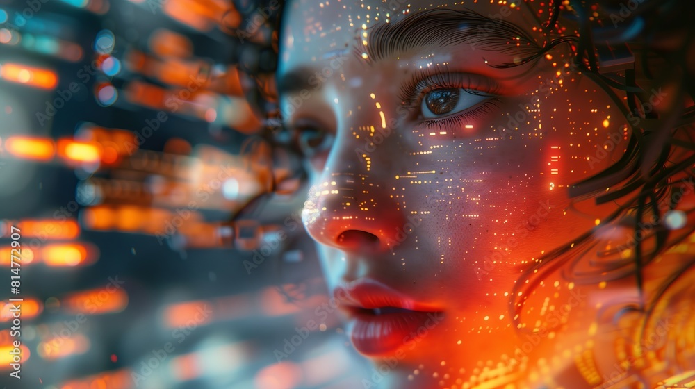 Close-up of a futuristic cybernetic woman's face overlaid with glowing circuit patterns, great for concepts involving AI and technology Close-up of a futuristic cybernetic woman's face overlaid with glowing circuit patterns, great for concepts involving AI and technology