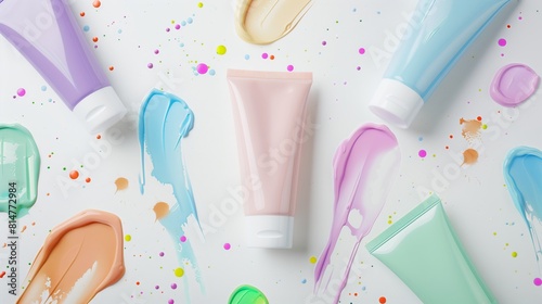 Vibrant and playful display of cosmetic tubes with colorful smears  ideal for beauty product advertisements  marketing campaigns  or creative makeup artistry portfolios