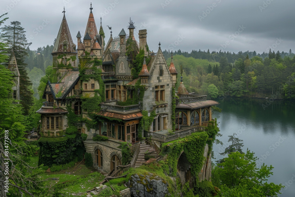 An enchanting fairy tale castle perched atop a verdant hilltop, overlooking a tranquil lake and lush forest below, with turrets, spires, and ivy-covered walls. An enchanting fairy tale castle perched atop a verdant hilltop, overlooking a tranquil lake and lush forest below, with turrets, spires, and ivy-covered walls.