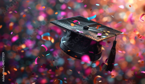 A graduation cap with a tassel on it surrounded by confetti. Generative AI