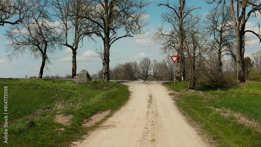 A treelined dirt road cutting through a field under a cloudy sky A treelined dirt road cutting through a field under a cloudy sky