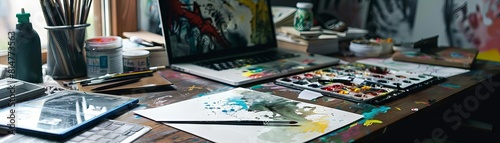 An artists workspace with a laptop, surrounded by sketches and a paint palette, inspiring creativity