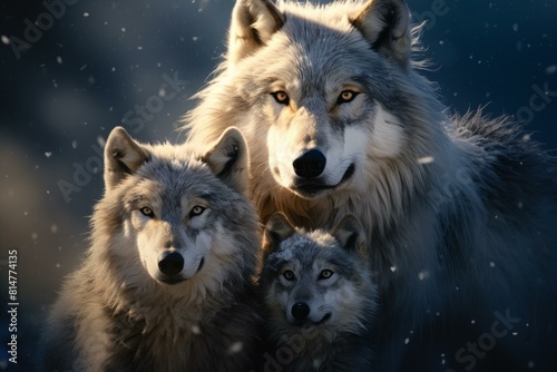 Intimate portrait of a wolf pack with falling snowflakes at dusk