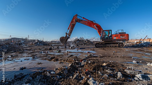 Wide-angle view of an excavator at a demolition site with clear skies.