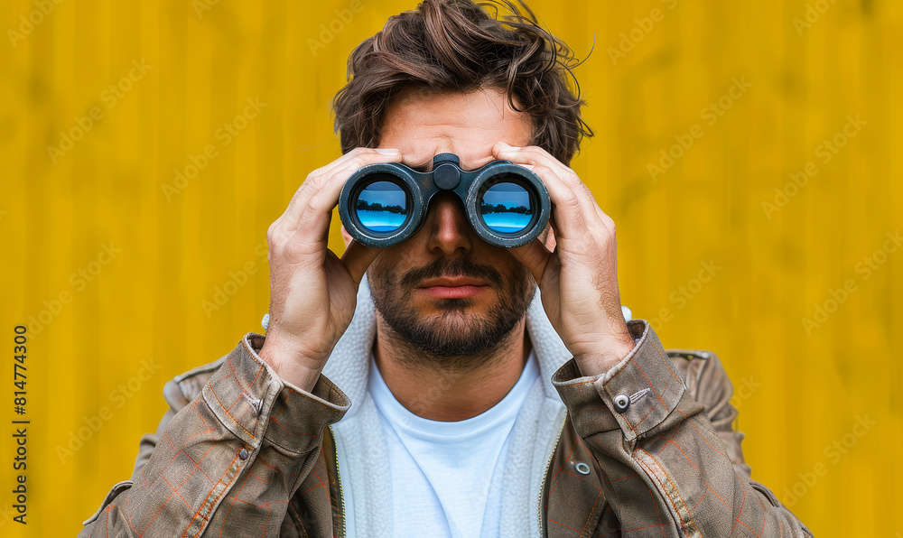 Confident Young Man Using Binoculars on Yellow Background, Serious Expression with Thoughtful Gaze, Searching or Exploring Concept Confident Young Man Using Binoculars on Yellow Background, Serious Expression with Thoughtful Gaze, Searching or Exploring Concept