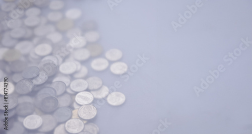 Background pile of different coins on the table,blurred photo