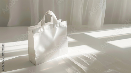 Soft, diffused lighting gently illuminating the pristine surface of the white paper bag with silk handles, casting subtle shadows that add depth and dimension to the image.