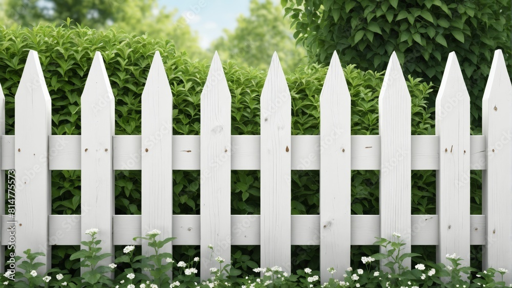 White picket fence with green bushes and flowers White picket fence with green bushes and flowers
