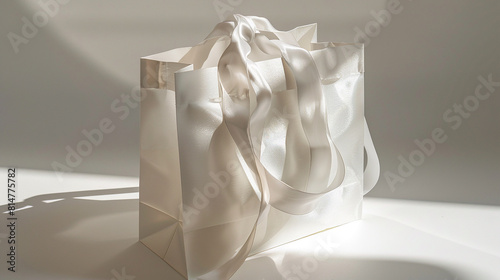Soft, diffused lighting highlighting the delicate contours of the silk handles, casting gentle shadows that add depth and dimension to this elegant product photo of the white paper bag.