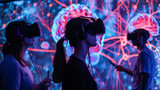 Researchers in a lab immersed in VR simulation exploring the neural pathways of the human brain