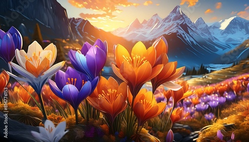 Flowers photorealistic, detailed, colorful, high-contrast, crocus flowers montagne, fleur, nature, paysage, ciel, printemps, rose, bleu, beauté, fleur, crocus, 