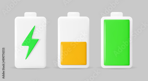 Battery charge indicators in 3D style. Glossy battery icons with charge levels. Vector illustration