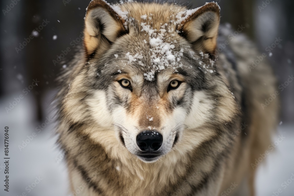 Close-up of an intense wolf with snowflakes on its fur, staring directly at the camera Close-up of an intense wolf with snowflakes on its fur, staring directly at the camera