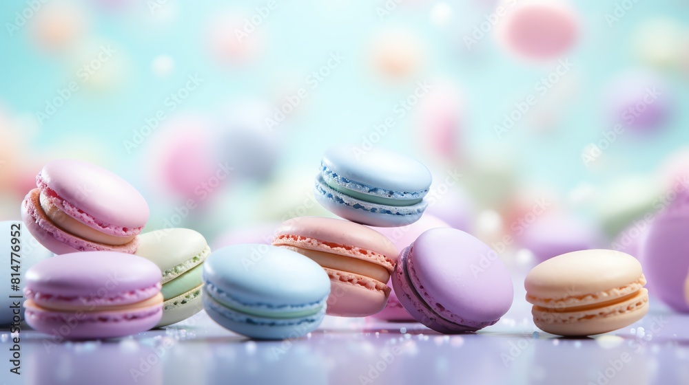 Obraz premium Take a close-up picture of some pastel-colored macarons on a table with a pastel-colored background. The macarons should be arranged in a visually appealing way.