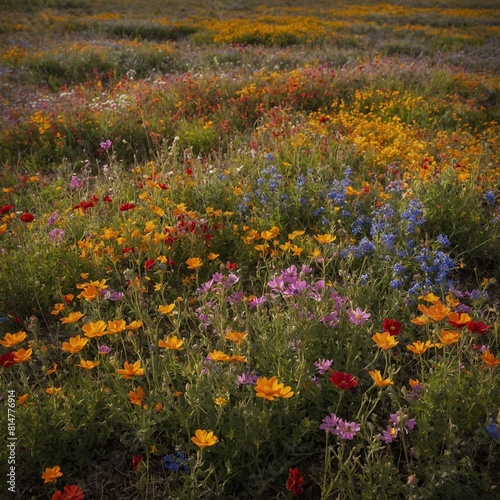 A field of colorful wildflowers in full bloom.
