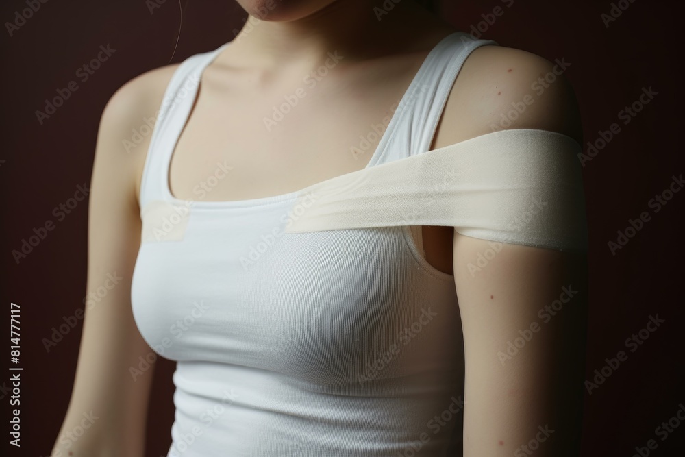 Close-up of a young female with an arm sling, indicating an injury Close-up of a young female with an arm sling, indicating an injury