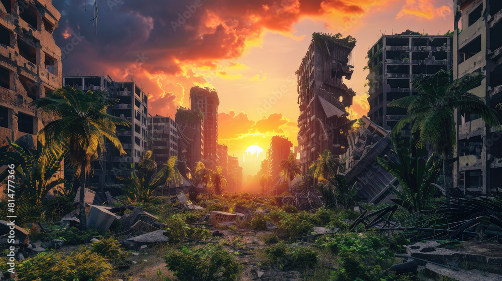Destroyed city during post apocalypse at sunset, ruined buildings ...
