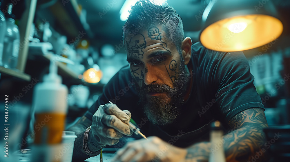 Unveiling Intricate Tattoo Precision: Artistry Blossoms in the Subtle Shadows of a Dimly Lit Studio as the Needle Traces Intricate Designs on Skin Using Low Light Techniques Unveiling Intricate Tattoo Precision: Artistry Blossoms in the Subtle Shadows of a Dimly Lit Studio as the Needle Traces Intricate Designs on Skin Using Low Light Techniques