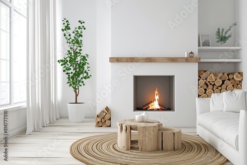  Interior design Serene Minimalist Living Room with Elegant Wooden Coffee Table and Fireplace 3d rendering