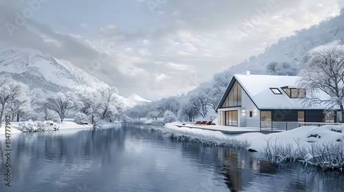 old wooden house covered with snow in the background of a small river,A snowy house in the forest, 3d rendering of modern cozy chalet with pool and parking for sale or rent. Beautiful forest 