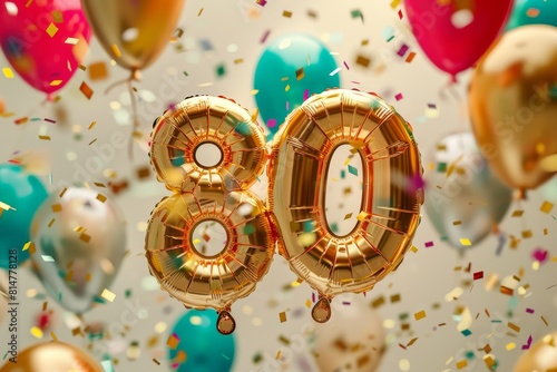 the number 80 made by baloons to celebrate a hundread years of birthday, party atmosphere background, bright and bold