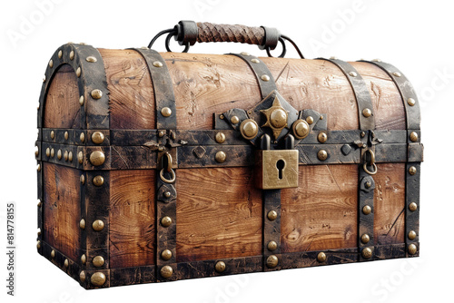 A vintage wooden treasure chest, blank and locked. Isolated on transparent background, png file.