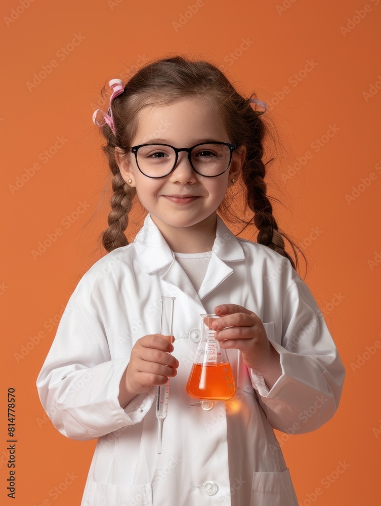 Portrait A Cute little professional girl in a white lab coat holding a test tube and beaker with orange liquid on color background Portrait A Cute little professional girl in a white lab coat holding a test tube and beaker with orange liquid on color background