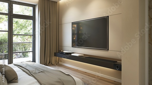 A minimalist bedroom with a sleek, wall-mounted TV panel and a custom, built-in sound system