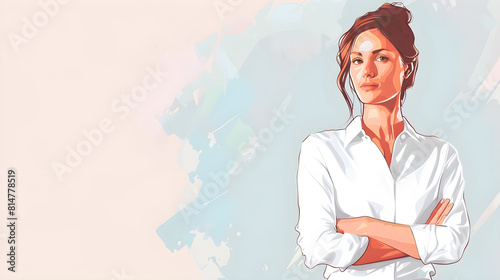 Light background, minimalist, with illustration of a businesswoman. Background for presentation. Concept of entrepreneurship, success and female empowerment. Space for text and content information.