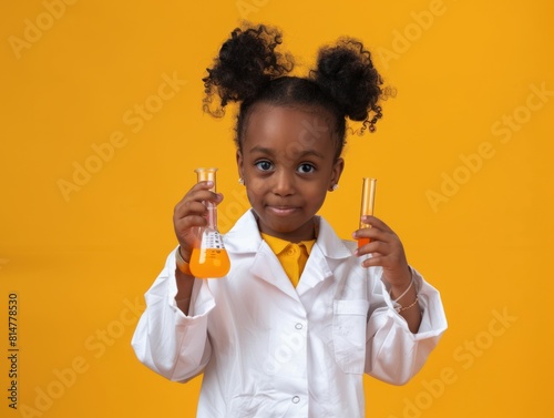Portrait A Cute little professional African American girl in a white lab coat holding a test tube and beaker with orange liquid on color background