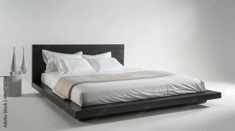 A minimalist bedroom with a sleek black platform bed and white linens A minimalist bedroom with a sleek black platform bed and white linens