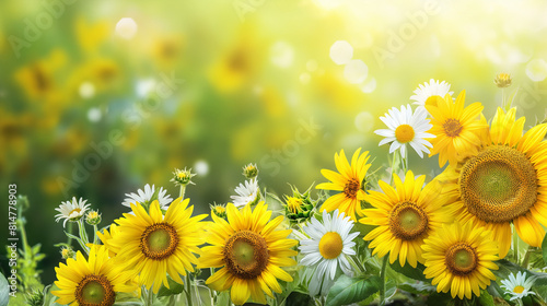 An extravagant arrangement of sunflowers and daisies  bursting with sunshine and cheer  guaranteed to brighten anyone s day. Dynamic and dramatic composition  with copy space