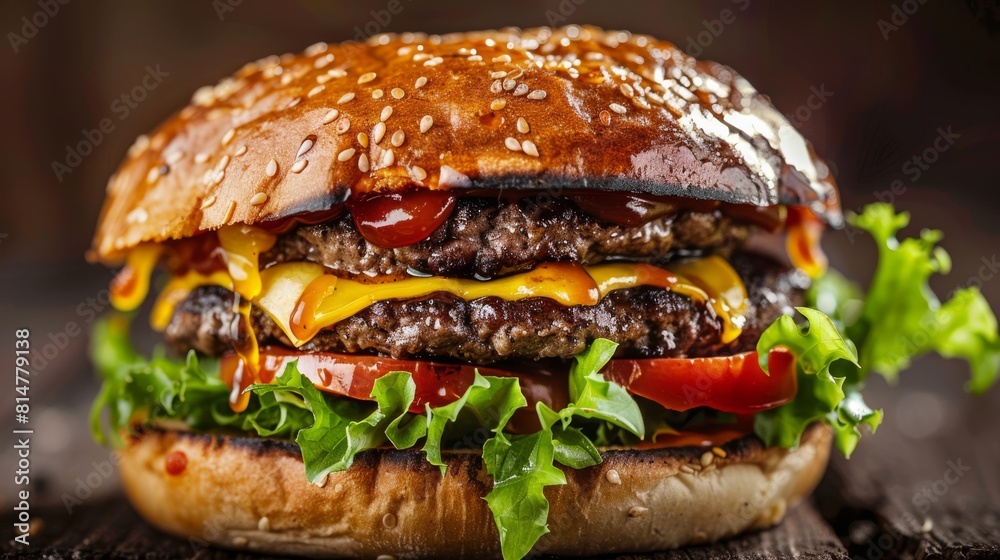 Close-up of a burger stuffed with juicy beef, melted cheese, crispy lettuce and ripe tomatoes. Close-up of a burger stuffed with juicy beef, melted cheese, crispy lettuce and ripe tomatoes.