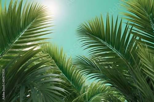 Abstract natural green backdrop with dark green palm tree leaves. Tropical palm leaf and shadow.  