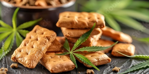 CBDinfused pet treats and dishes made with hemp leaves for dogs and cats. Concept CBD Treats, Pet Wellness, Hemp Leaves, Animal Health, Natural Nutrition photo