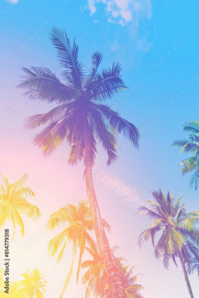 Coconut palm trees an pristine bounty beach colored toned image. Travel, tourism, vacation concept tropical background Coconut palm trees an pristine bounty beach colored toned image. Travel, tourism, vacation concept tropical background