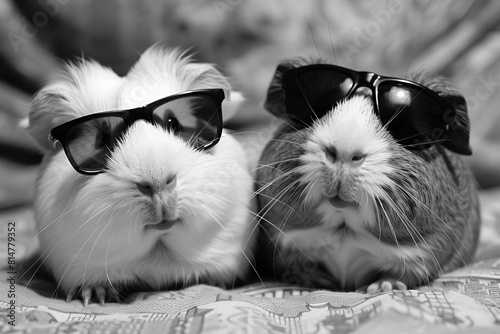 Two funny guinea pigs in sunglasses