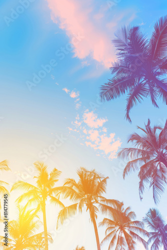 Coconut palm trees an pristine bounty beach colored toned image. Travel  tourism  vacation concept tropical background