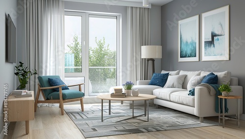 Modern Living Room Oasis  Gray Elegance with Blue Accents